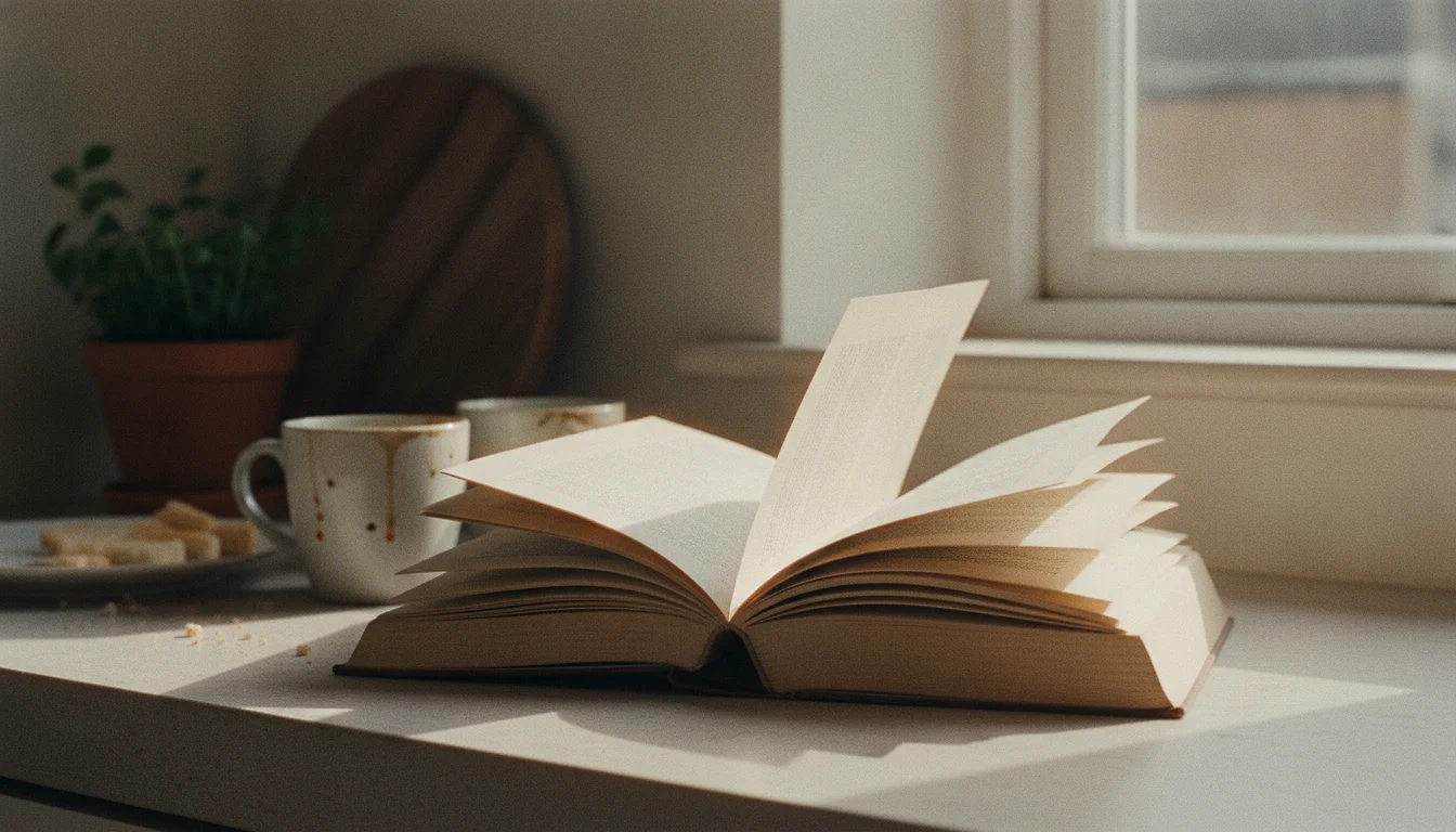 A well-thumbed book lying open on a sunlit kitchen counter with its pages fanning upward, two used mugs and a crumbed plate behind it
