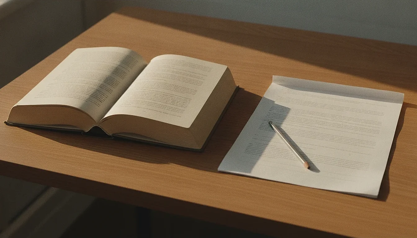 An open book lying beside a loose printed research paper on a sunlit wooden desk, a pencil resting across the printed page