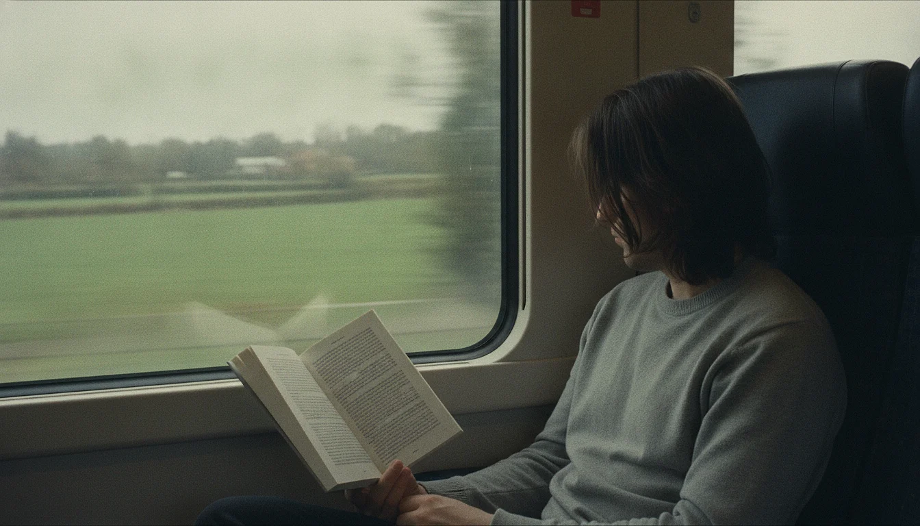 A train passenger seen from behind and to one side, face turned away and hidden by hair, holding an open plain paperback beside the window as green fields blur past