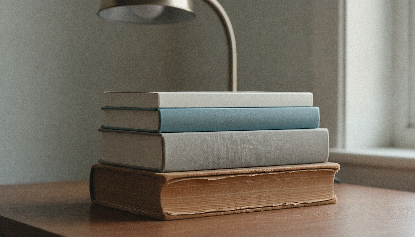 A stack of four blank-covered books of visibly different ages on a desk, a worn frayed cloth-bound volume at the bottom and a crisp pale one on top, an unlit desk lamp behind