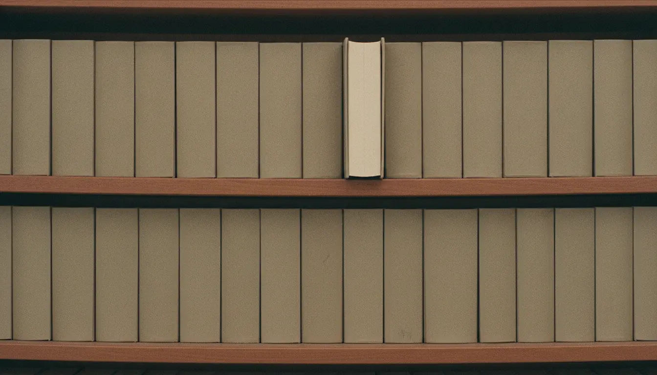 A long shelf of blank-covered books photographed straight on, one volume pulled forward so its fore-edge stands proud of the row