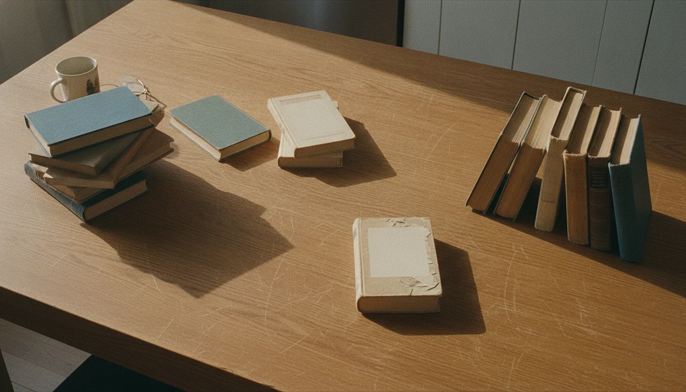 Worn blank-covered second-hand books sorted into four uneven piles across a sunlit oak table, with wide empty stretches of wood between the piles
