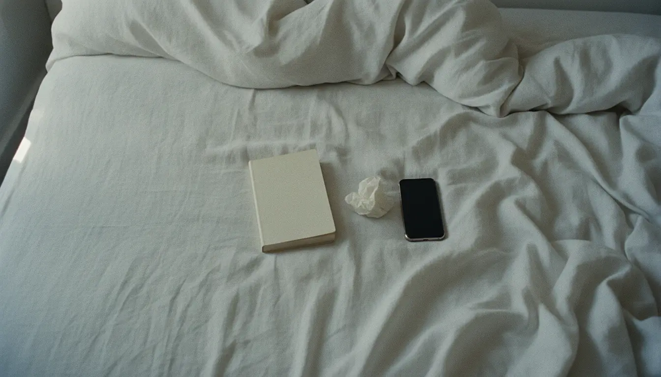 A blank-covered paperback lying closed on an unmade bed beside a crumpled tissue and a phone lying face-down, flat grey daylight through the window