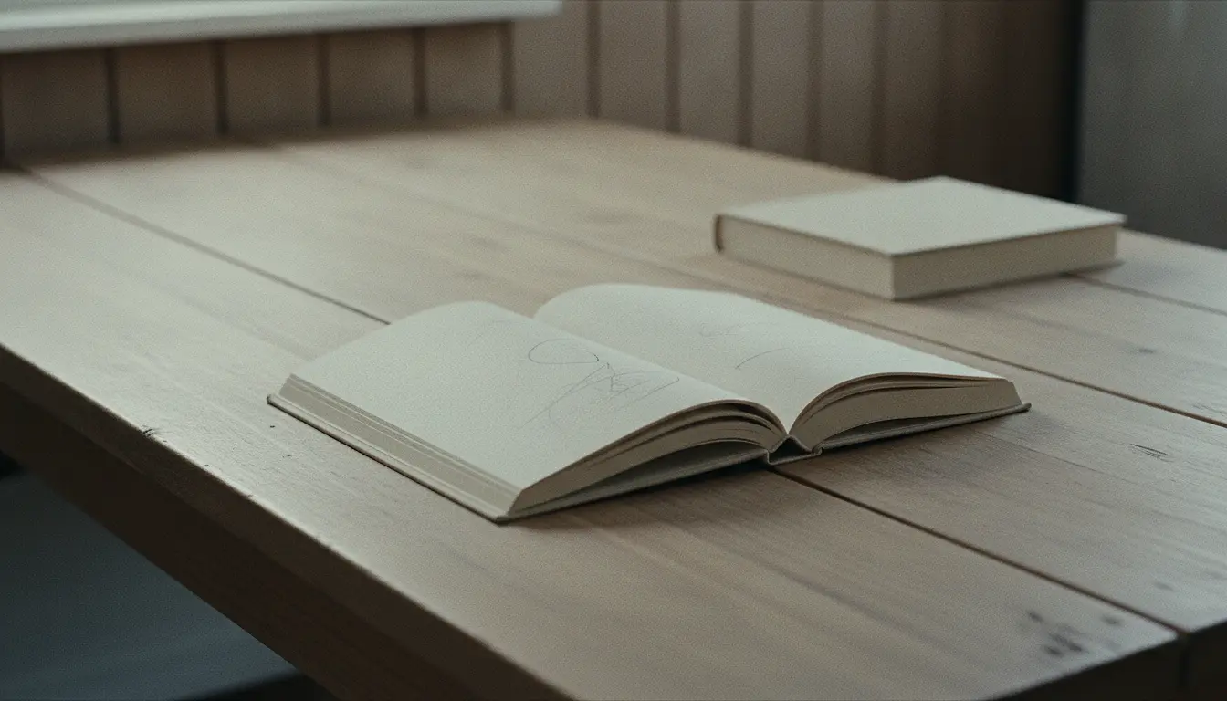 Two blank-covered books on a kitchen table, one lying open close to the near edge and the other closed and pushed right out to the far edge