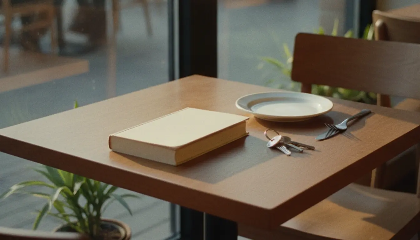 A blank-covered hardback lying on a small cafe table laid for one person, a plate and cutlery and a single set of keys beside it