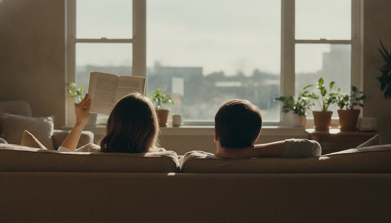 Seen from behind, two adults sit on a sofa in daylight, one holding an open plain book up to read aloud while the other listens