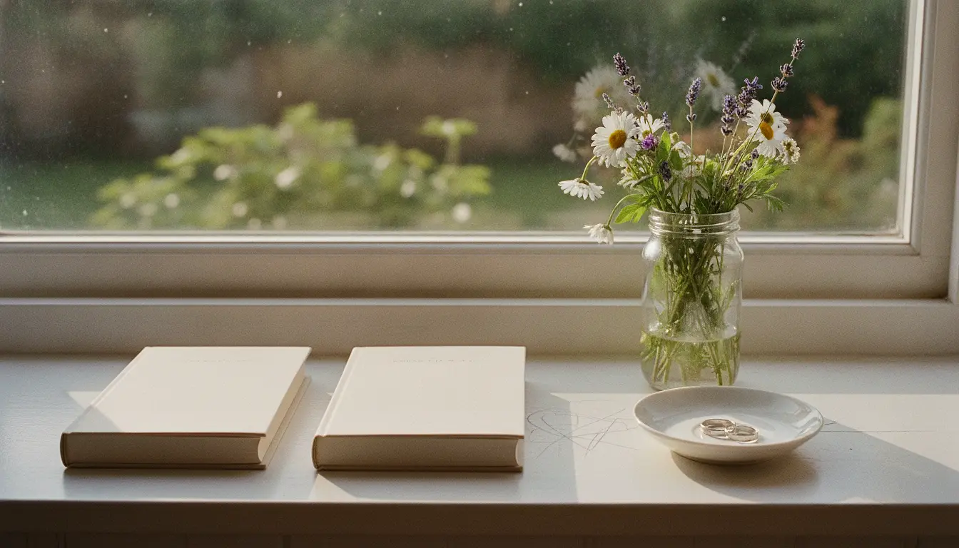 Two blank-covered books lying on a wide windowsill beside a jam jar of cut garden flowers and two plain rings resting on a small saucer