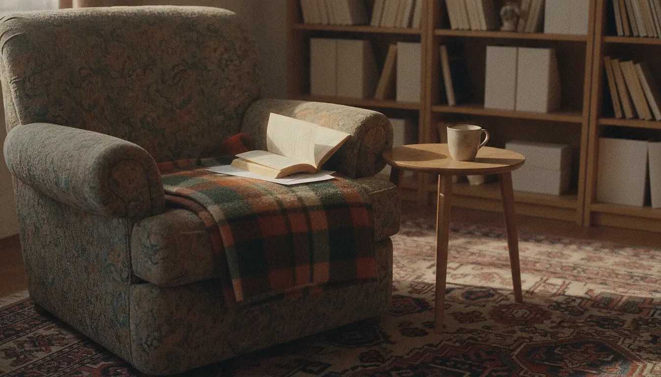 A blank-covered paperback left open face-down on the arm of a worn armchair, a folded blanket on the seat and a half-finished mug of tea on the side table beside it