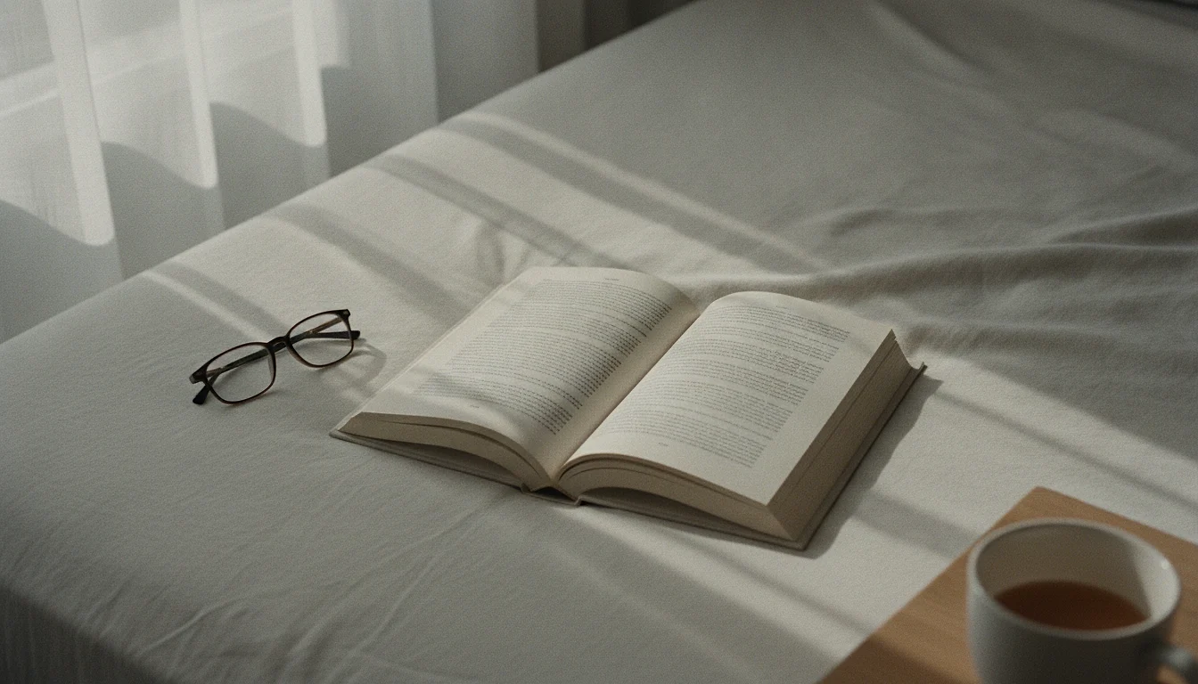 A plain book left open face-up on rumpled bed linen with reading glasses beside it, soft morning light through a curtain