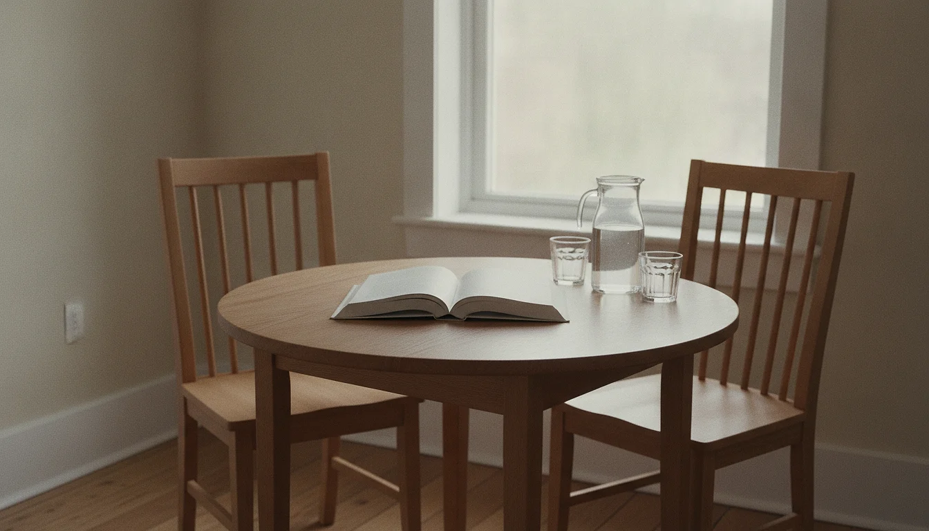 A plain open book lying face-up in the middle of a small kitchen table between two empty chairs facing each other