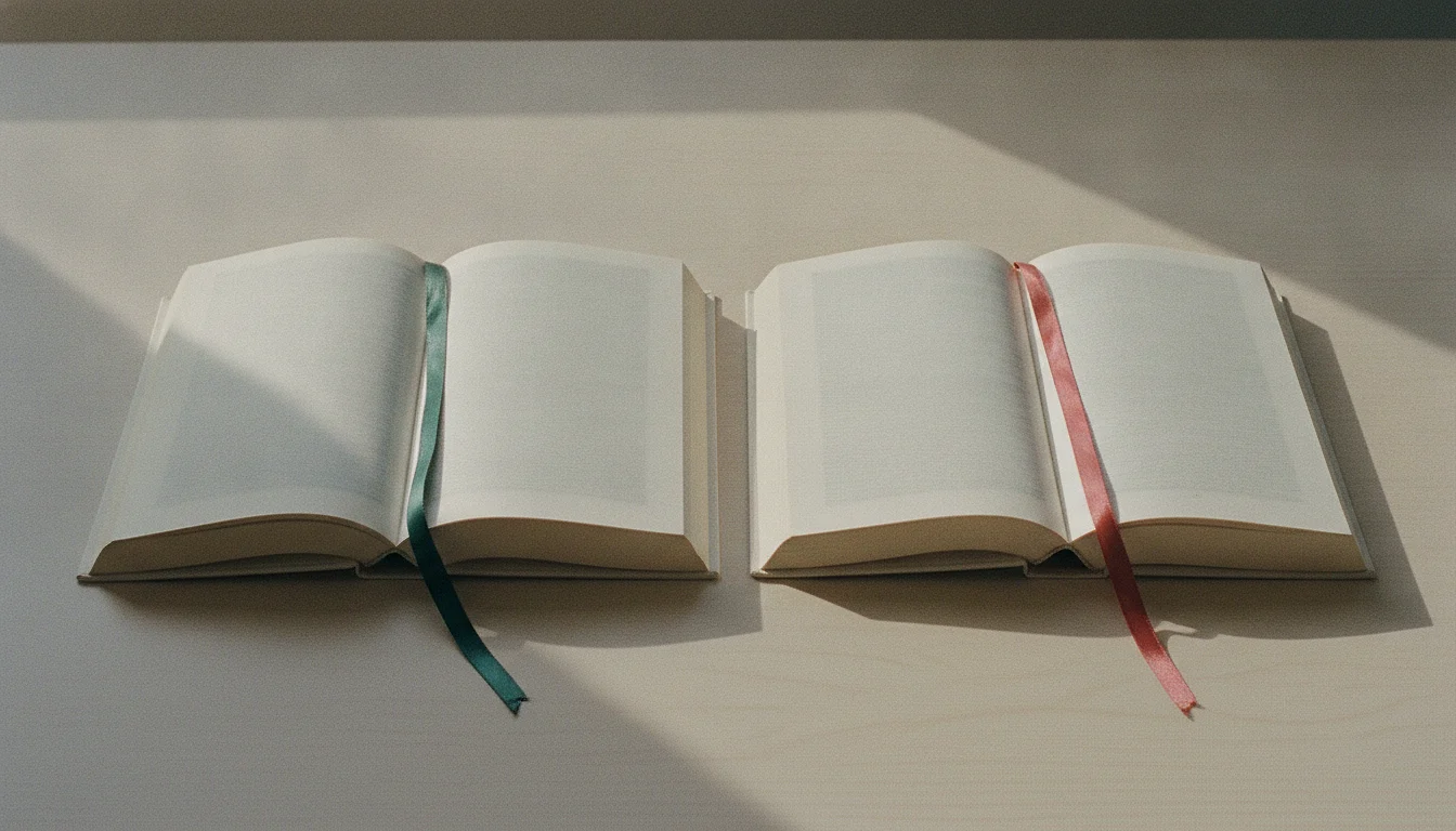 Two identical plain paperbacks side by side on a table, each held open at a different page by a differently coloured bookmark