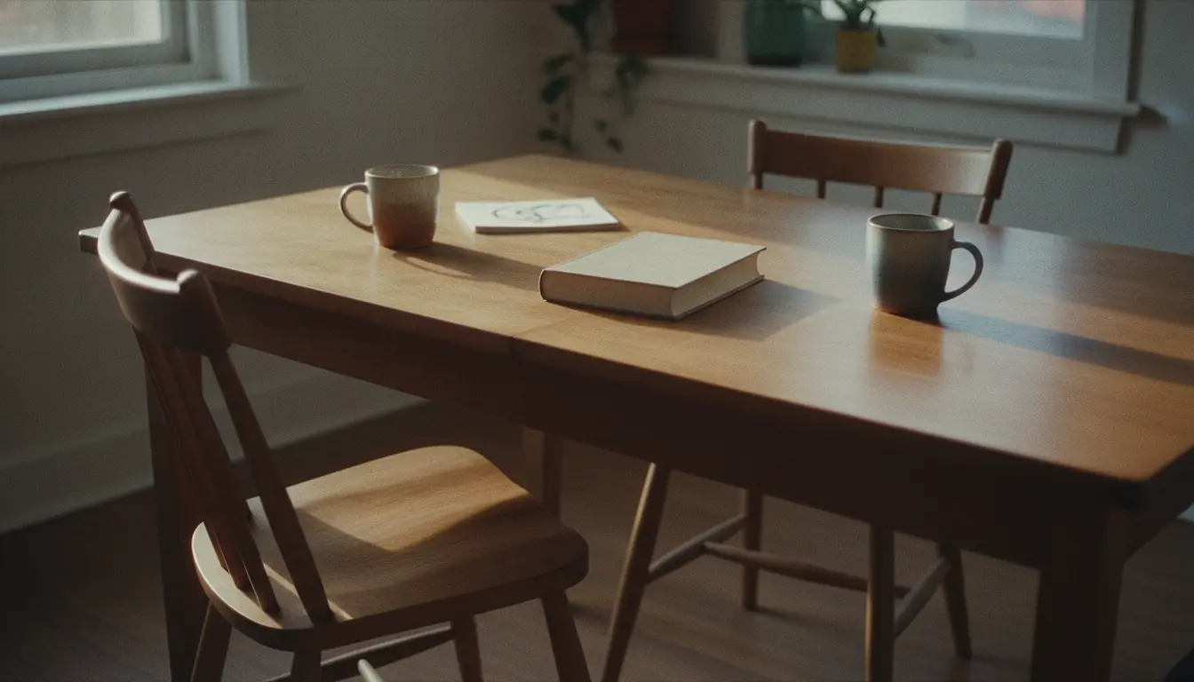 A blank hardback lying closed on a kitchen table between two used mugs set down at different angles, one chair pushed back from the table