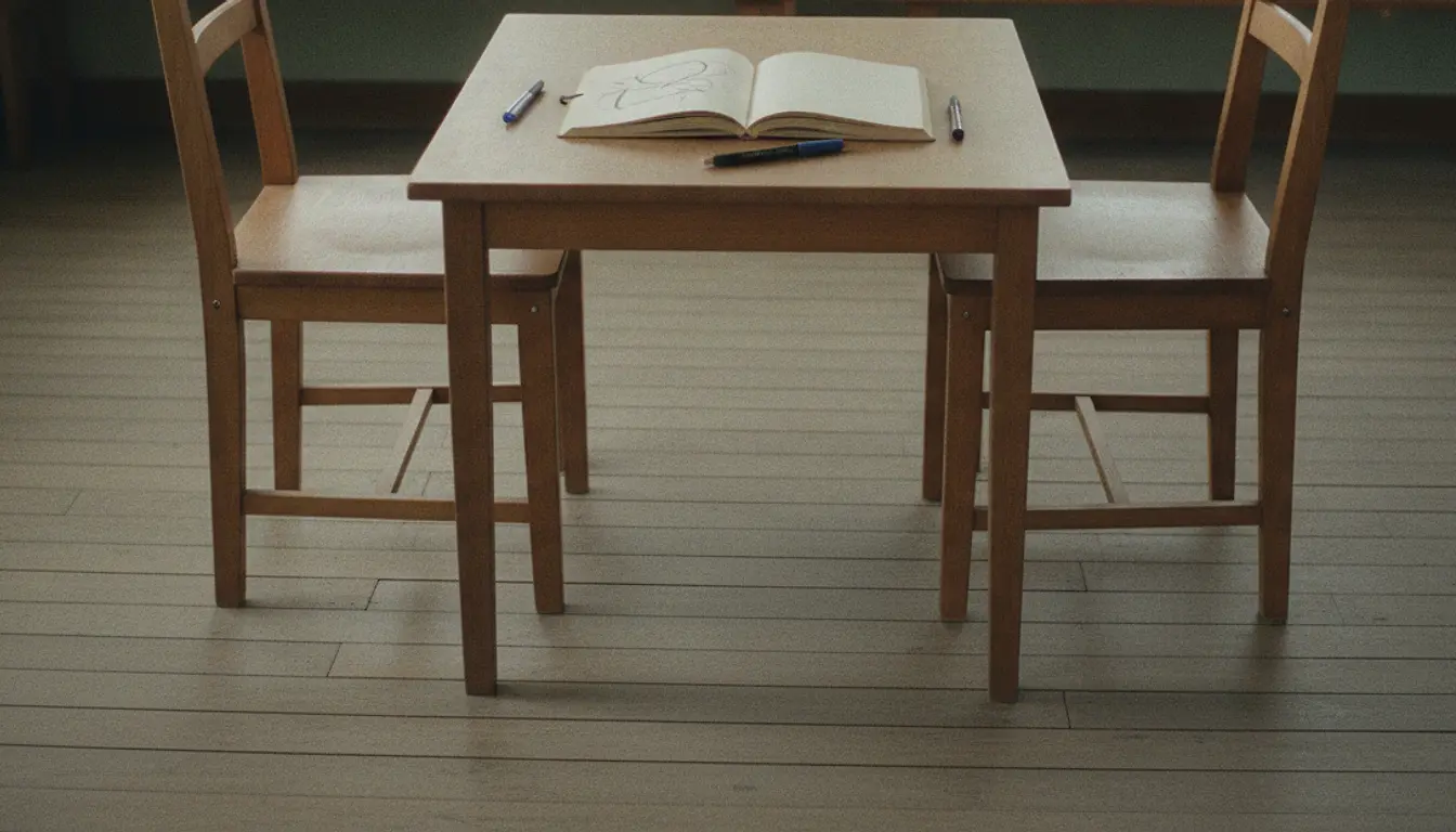 Two upright chairs drawn up directly facing each other across a low table, an open blank workbook and two pens lying on the table between them