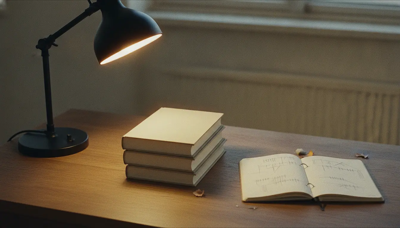 Four blank-covered hardbacks stacked on a desk beside a ring-bound notebook covered in faint pencil tally marks, an anglepoise lamp leaning over them