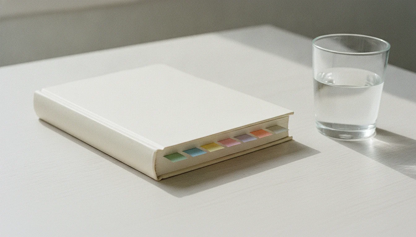 A closed book with a blank white cover on a pale table, seven small coloured tabs set in a row along its page edges, a glass of water beside it