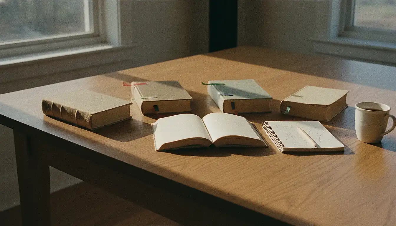 Five plain unmarked books with coloured bookmark tabs laid along a sunlit wooden table, one lying open in front of them beside a spiral notebook, a pencil and a mug of tea