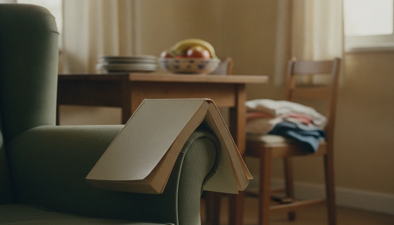 A thick paperback with a blank cover left face-down over the arm of a worn green armchair, a cluttered domestic table and a pile of laundry blurred behind it