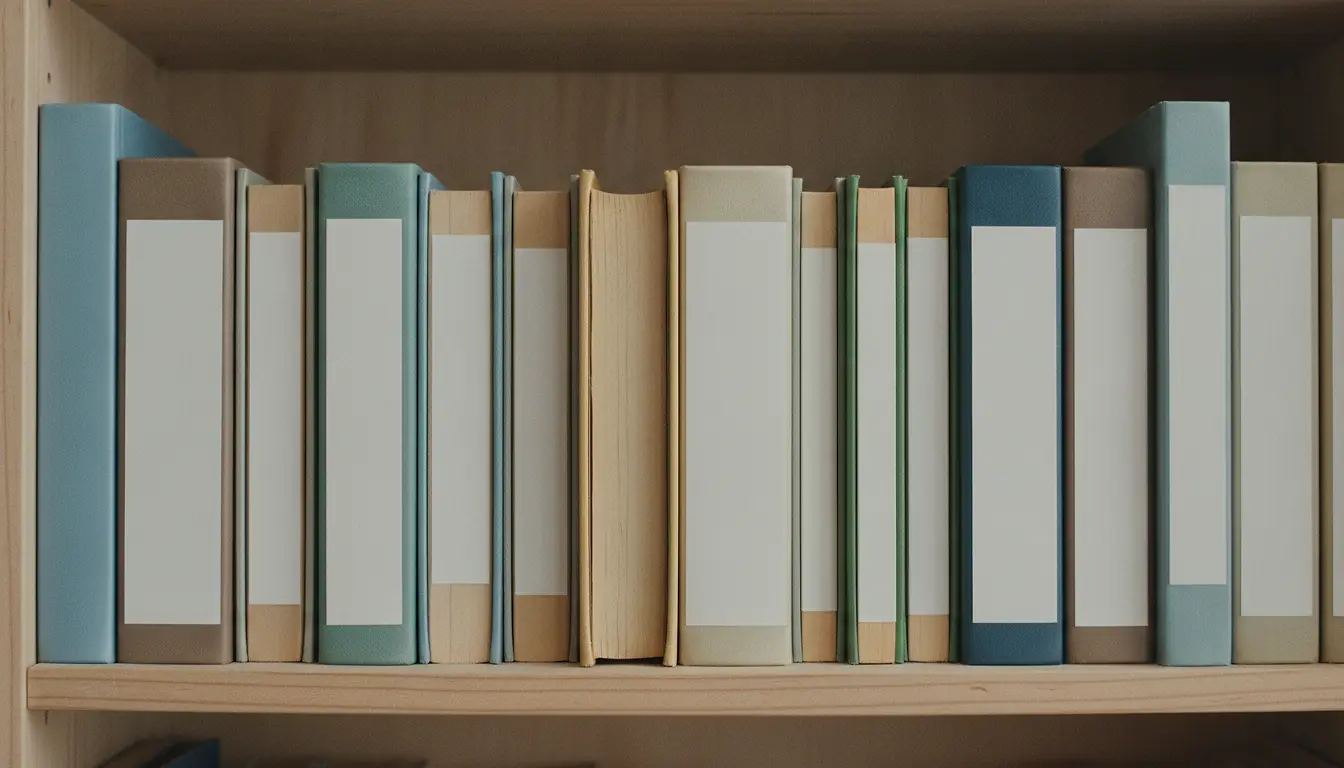 A sun-faded blank paperback standing upright among newer books on a shelf, its spine visibly yellowed against the crisper covers on either side