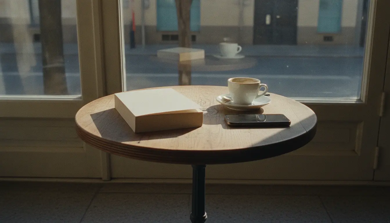 A blank paperback face-down on a small cafe table beside an empty espresso cup and a phone lying screen-down