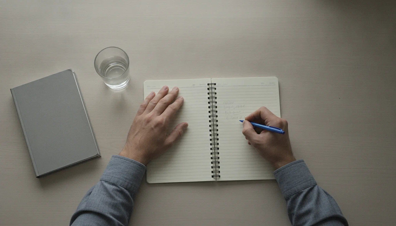 Overhead view of a man’s hands writing in a spiral notebook on a plain desk, a closed unmarked grey book and a glass of water set to one side
