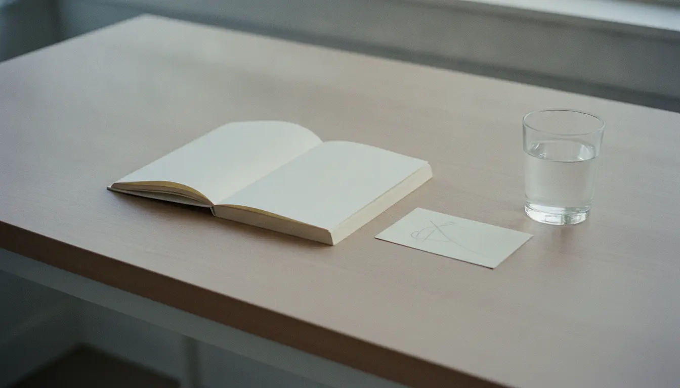 A slim blank-covered paperback lying open on a plain desk beside a single handwritten index card and a glass of water