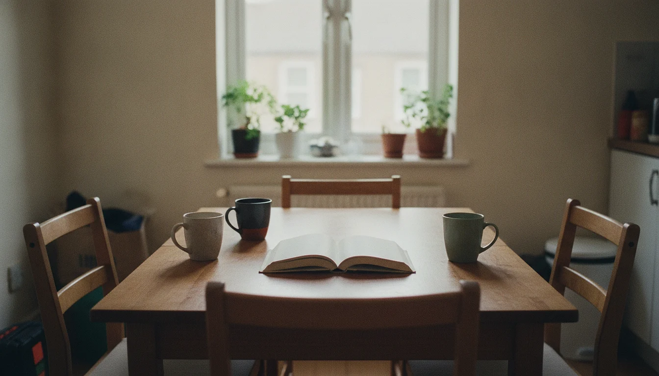 One plain open book at the centre of a shared kitchen table, three different mugs set at three separate places, chairs pulled up all round and a plant-lined window behind