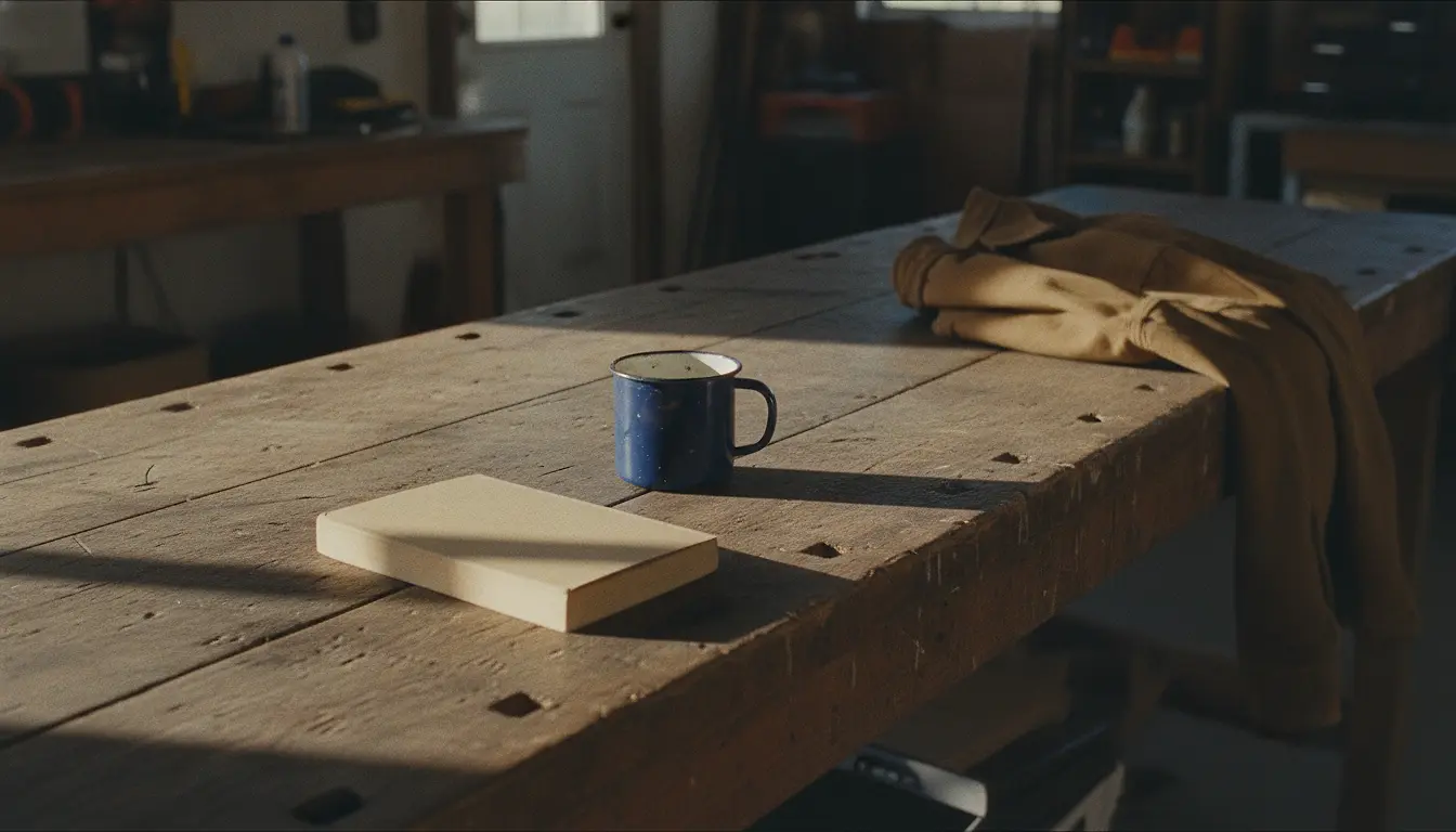 A blank-covered paperback lying on a scarred wooden workbench beside an enamel mug and a folded work jacket, late afternoon light across the bench