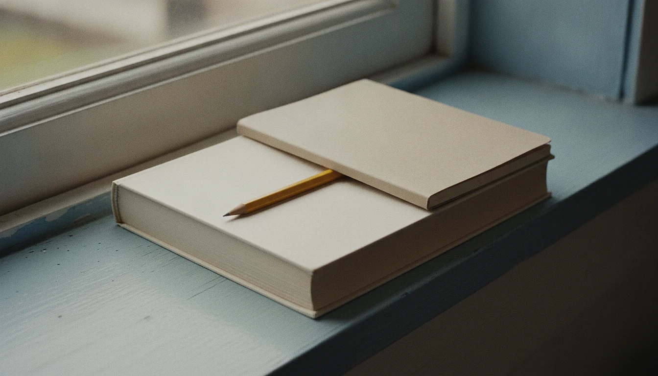 A closed book with a blank cover on a painted windowsill in daylight, a smaller notebook resting on top of it and a pencil laid between the two