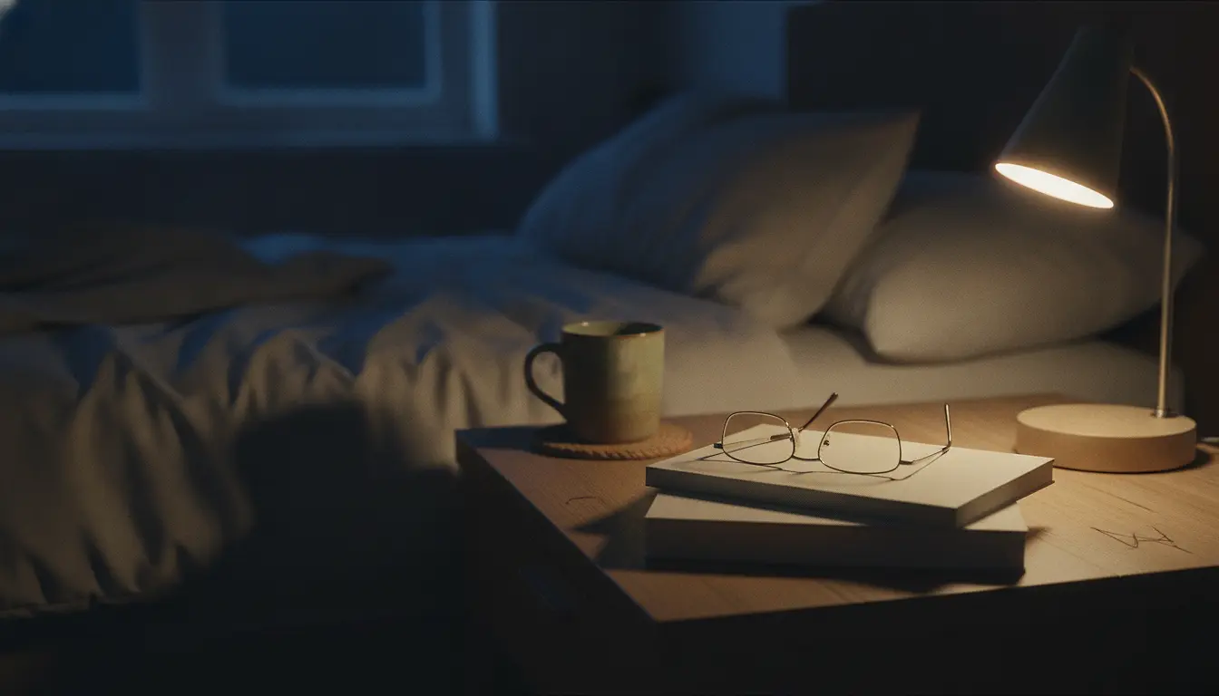 Two blank-covered books lying side by side on a bedside table under a lit lamp, a pair of reading glasses folded across the nearer one